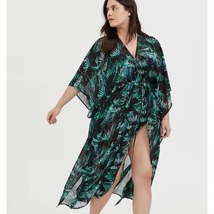 Torrid Black & Green Palm Chiffon Kaftan Swim Cover Up 1/2